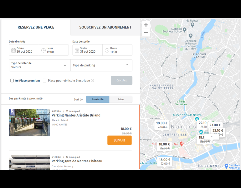 Affichage formulaire de recherche d'une réservation de place de parking dans une ville, liste de résultat avec tarif et carte intéractive